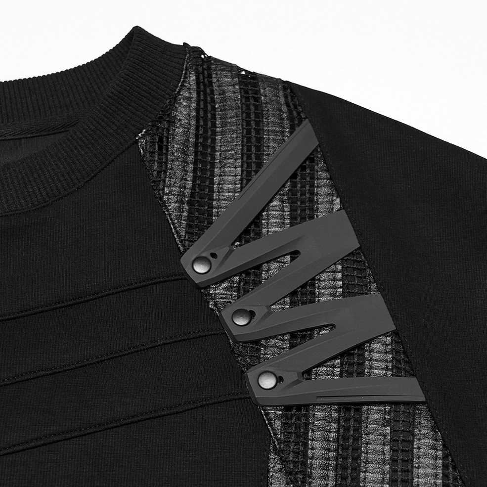 Close-up detail of gothic t-shirt shoulder structural elements showing striped mesh insert and plastic strap hardware decoration