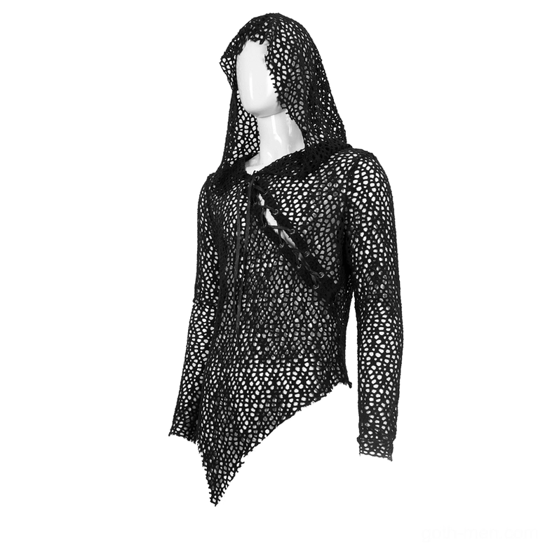 Right three-quarter view of gothic punk mesh top highlighting pointed asymmetrical hem design