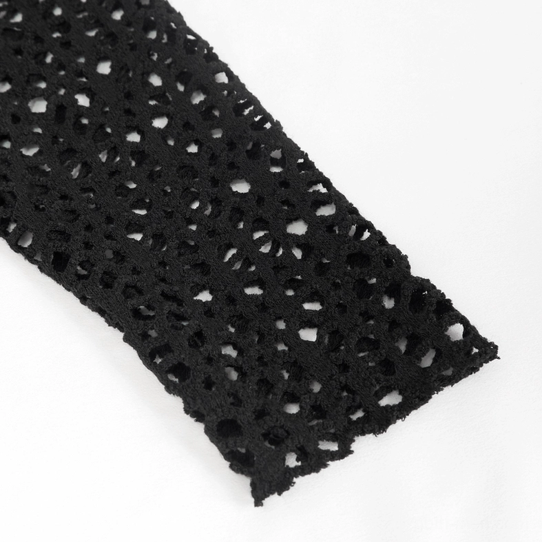 Sleeve fabric close-up displaying black stretch mesh material with dense porous knit construction