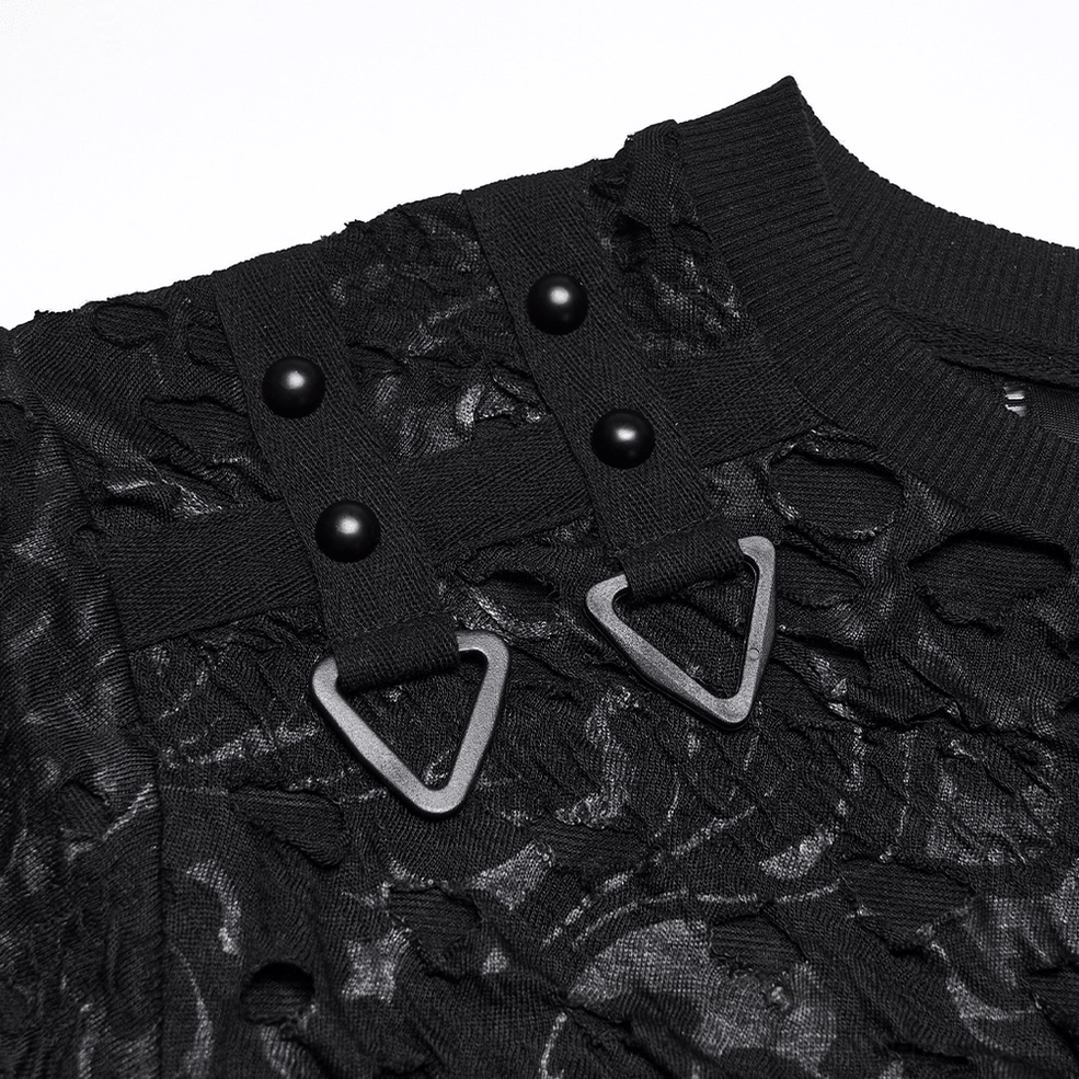 Close-up of black mesh gothic T-shirt collar hardware showing triangle metal buckles, round stud fasteners, and ribbed collar construction