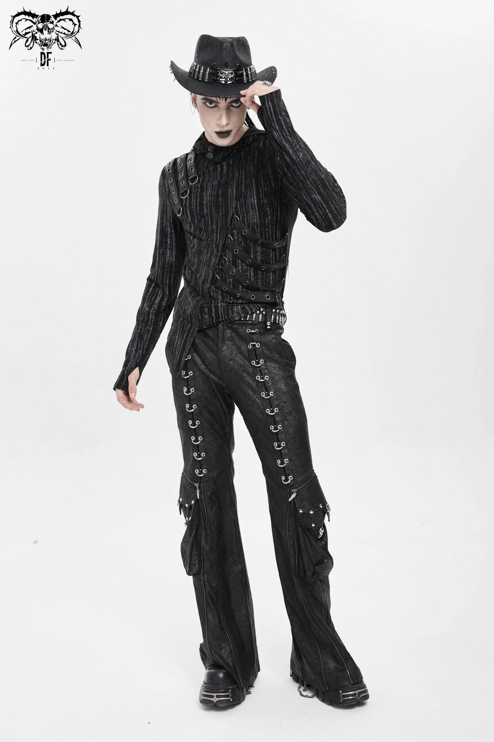 Front view of black metal spike bullet trim gothic cowboy hat classic western silhouette with edge