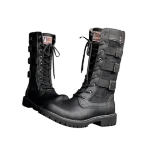 Pair of black mid-calf military combat boots with buckle straps and aggressive rubber sole, three-quarter view