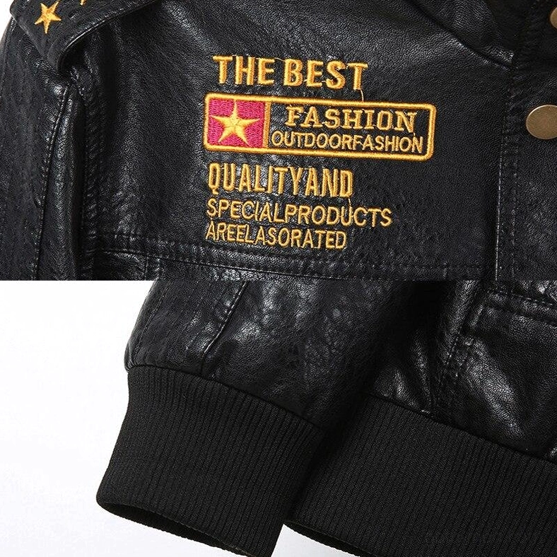 Full-length view of military PU leather jacket showcasing complete design aesthetic