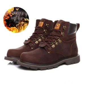 Heavy-duty work boots in dark brown leather with aggressive rubber sole and anti-slip tread design - safety-tested military style footwear