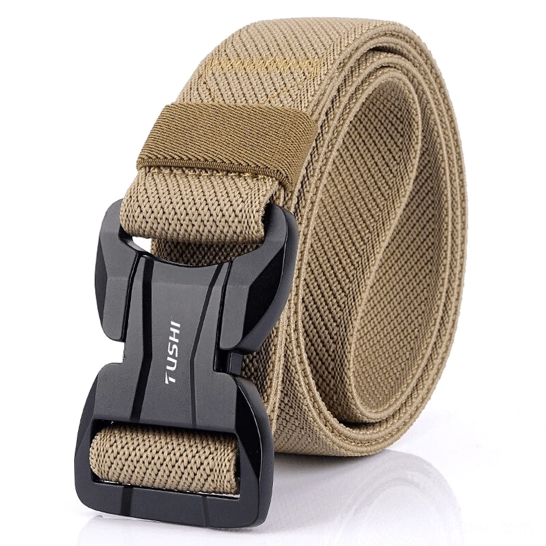 Khaki military canvas tactical belt with tan quick-release buckle, steampunk aesthetic three-quarter view