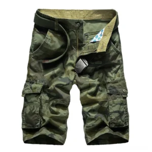 Green camouflage cargo shorts for men - flat front display showing flap pockets and military-inspired design