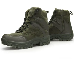 Pair of army green military combat boots side angle displaying side zipper and durable lug sole design