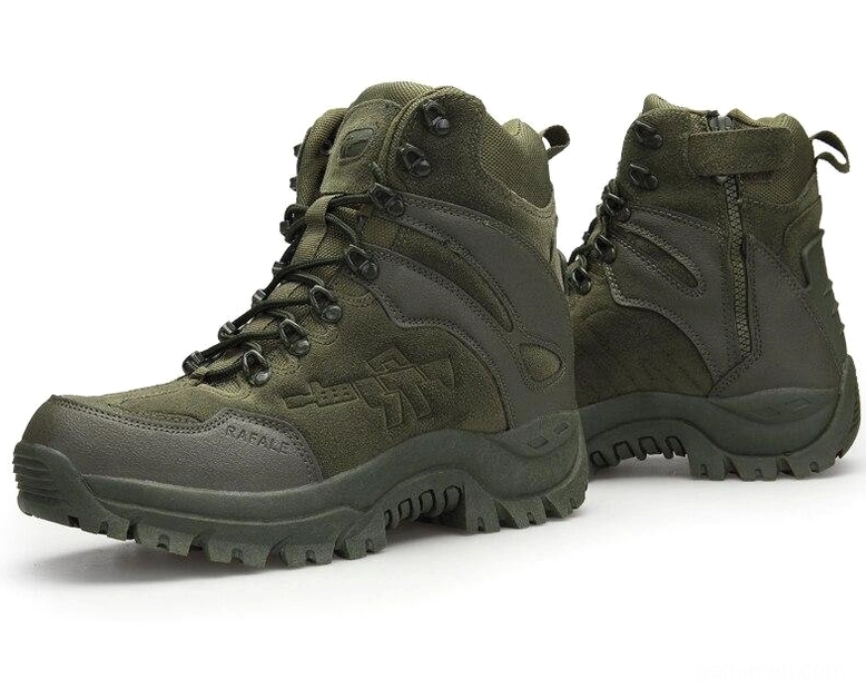 Pair of army green military combat boots side angle displaying side zipper and durable lug sole design