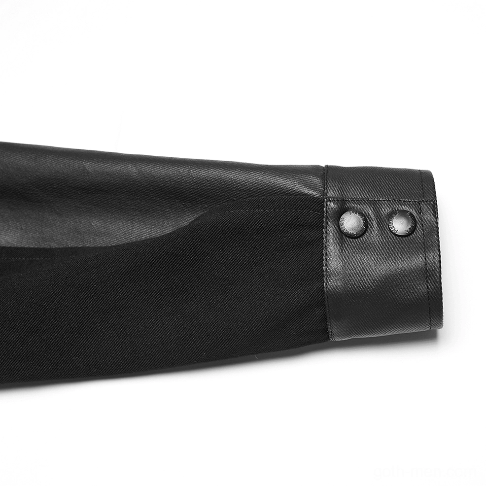 Cuff detail of military gothic jacket showing leather snap buttons and clean stitching craftsmanship