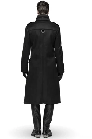 Gothic military long coat rear view showing back D-ring hardware and tailored silhouette