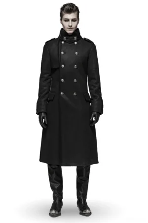 Black velvet military gothic long coat front view double-breasted buttons high stand collar