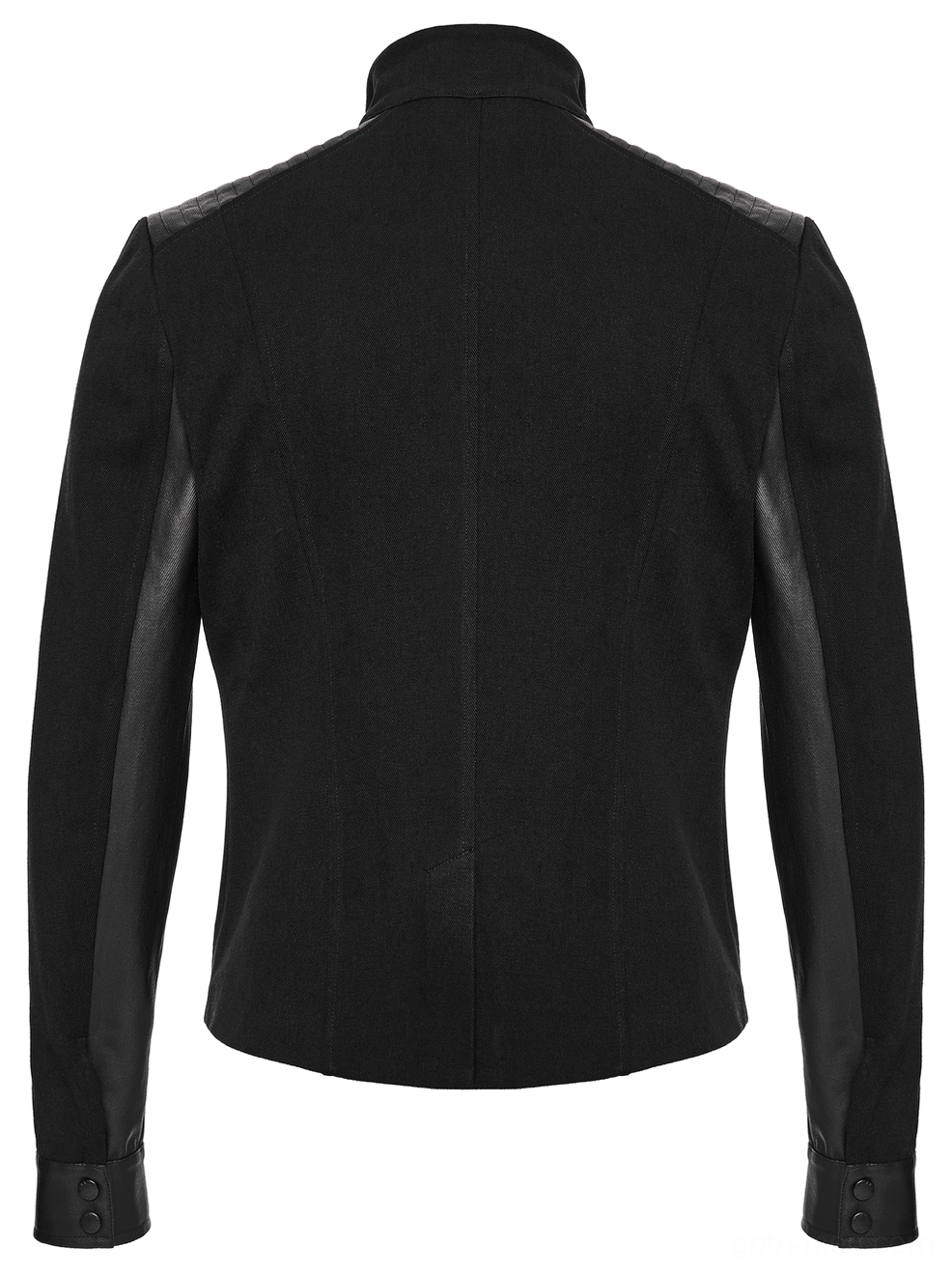 Military denim jacket back flat lay view showing solid denim construction and leather sleeve inserts