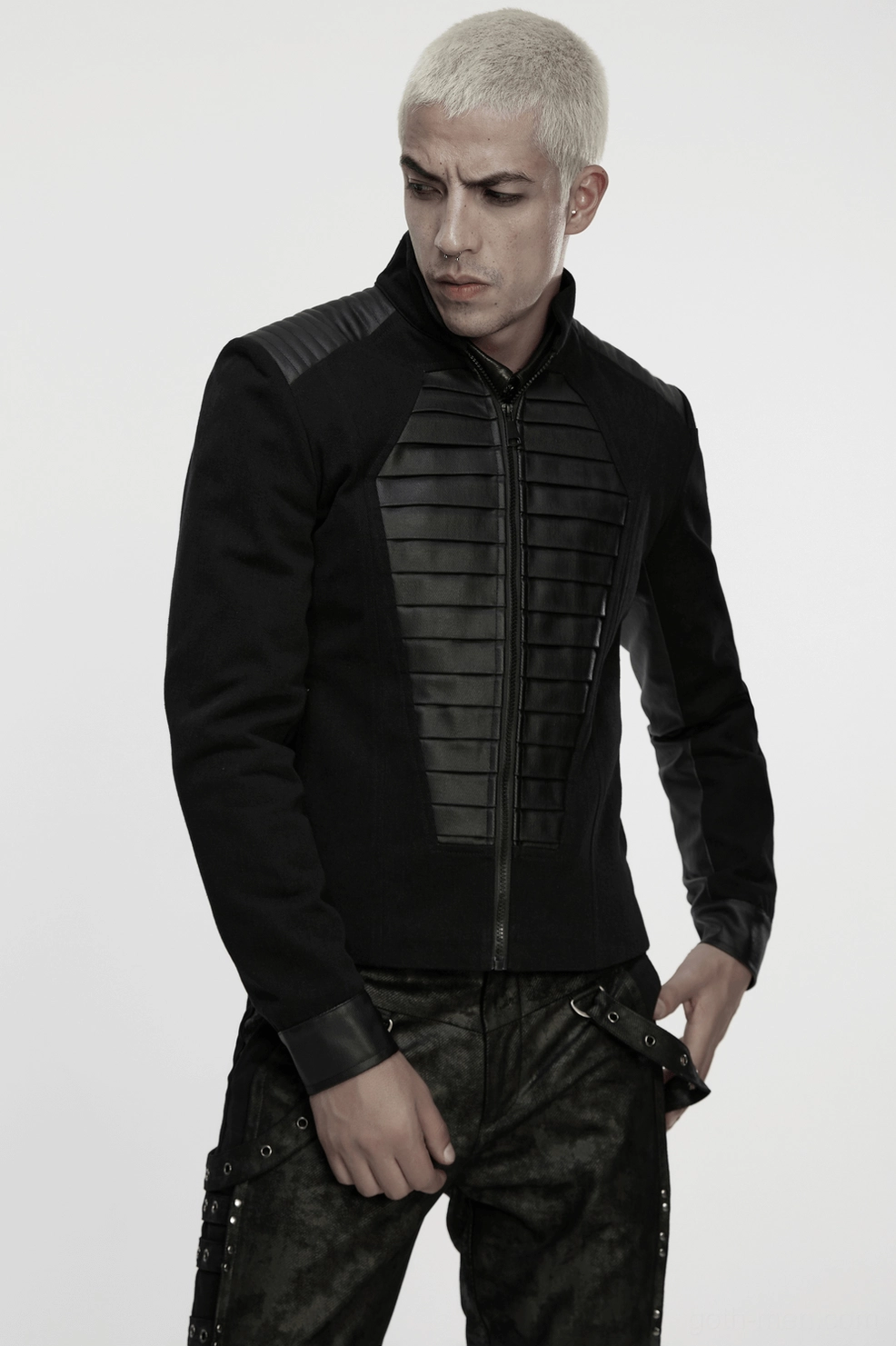 Gothic military jacket alternative styling detail showing faux leather texture and quilted coffin design