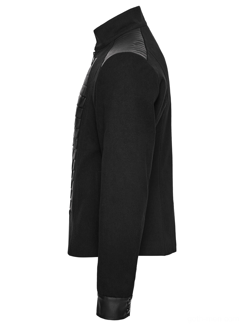 Coffin military jacket side profile flat lay demonstrating slim tailored silhouette and leather shoulder accents