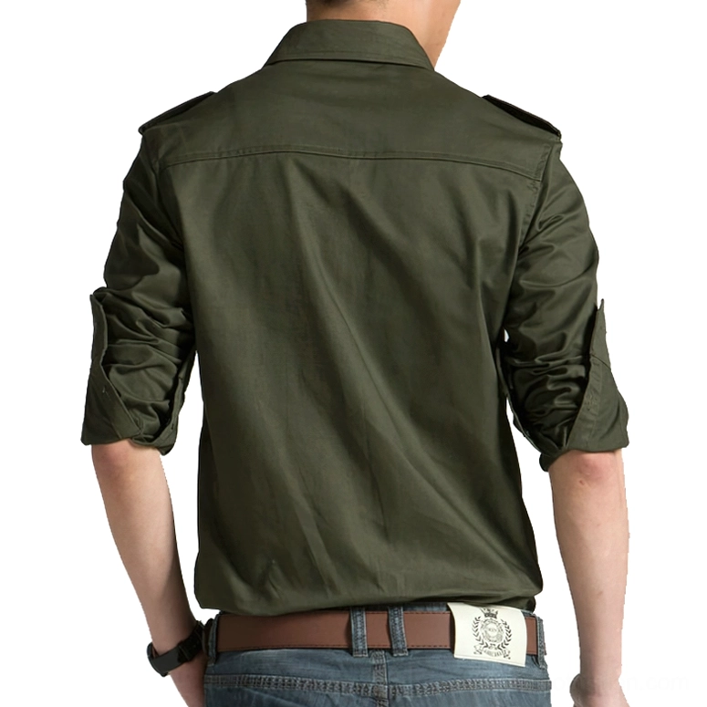 Dark alternative military long sleeve shirt back view, army green with rolled cuffs and structured shoulder design