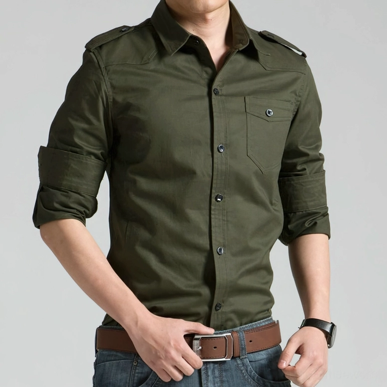 Army green slim fit military gothic shirt with chest pocket and roll-up sleeves, styled with watch accessory