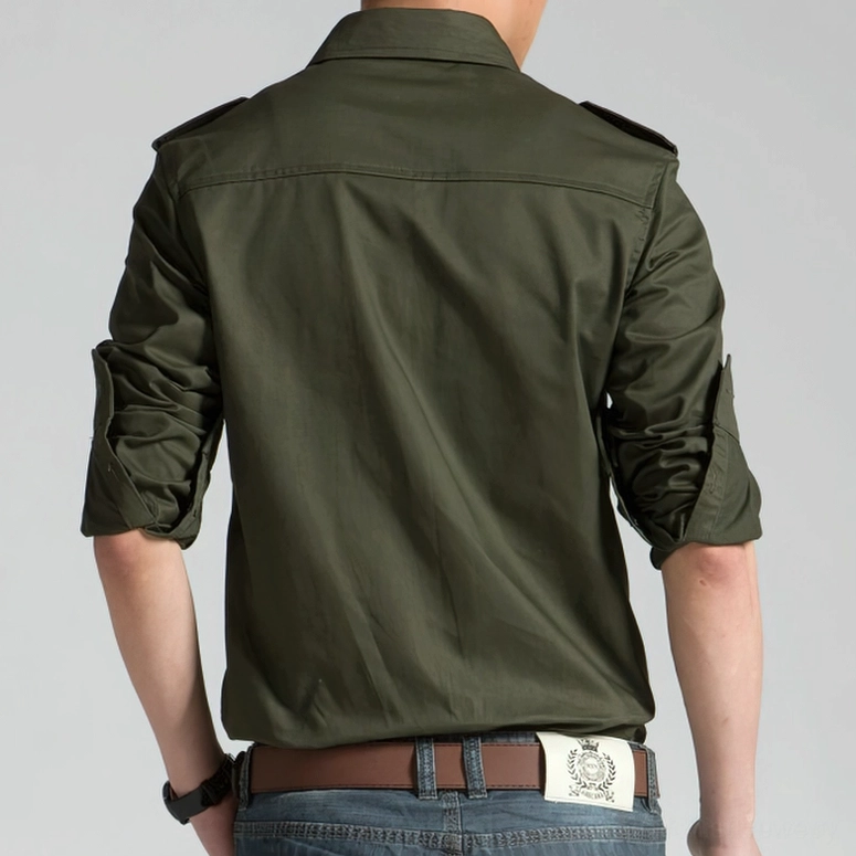 Dark alternative military gothic shirt back view, army green with rolled cuffs and structured design