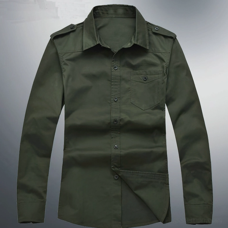 Men's military gothic shirt flat lay display showing turn-down collar, button construction, epaulets and overall design