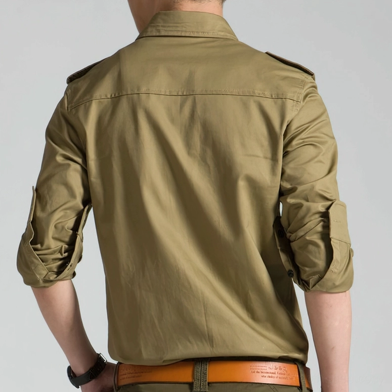Military gothic shirt premium 100% cotton fabric close-up detail showing texture and construction quality
