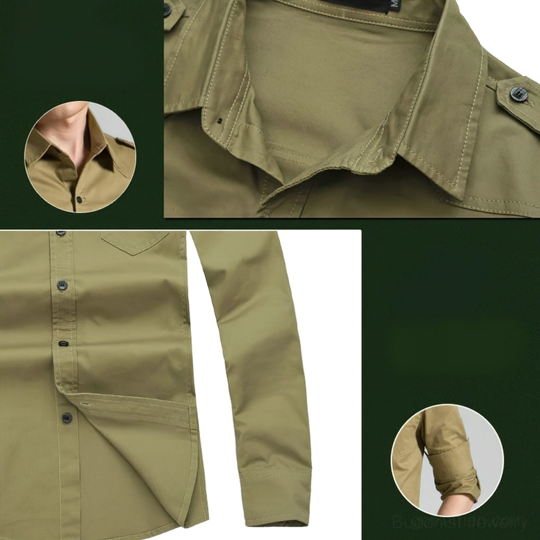 Men's slim fit military gothic shirt detail shot showing minimalist chest pocket and structured shoulder epaulet