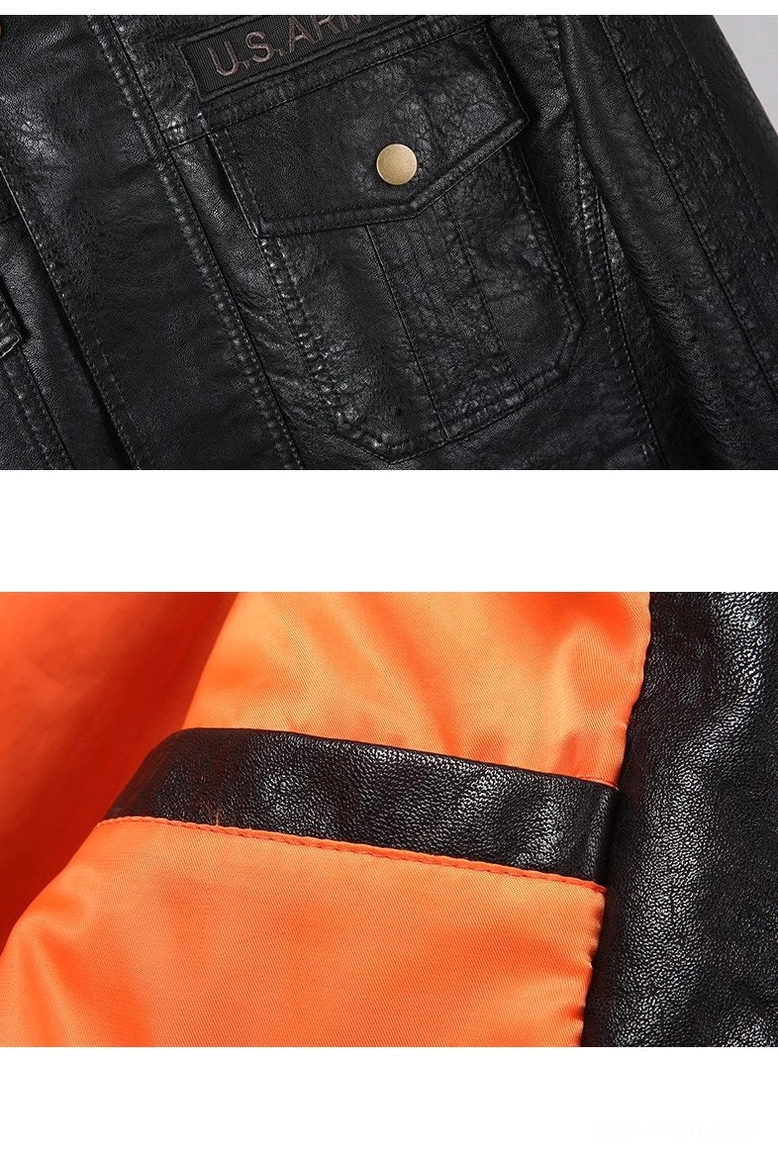 Close-up detail of PU leather flap pocket with metal snap button and crinkled texture