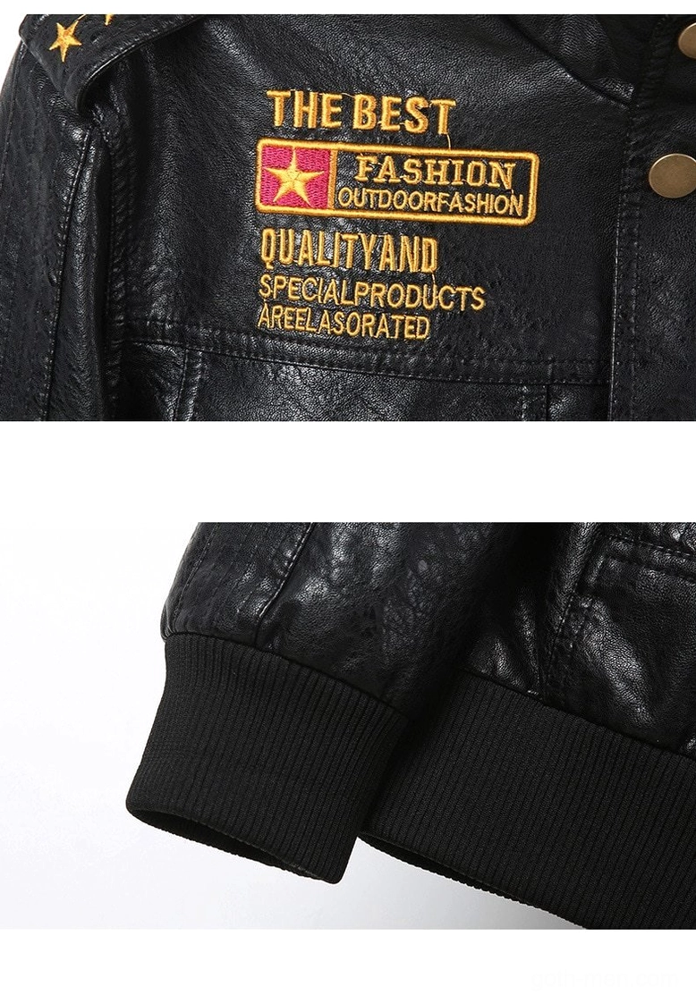 Ribbed black stretch knit cuff trim paired with PU leather sleeve