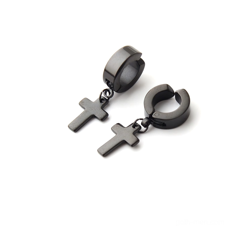 Mini black polished stainless steel cross dangle earrings hinged - gothic clip-on small pendant