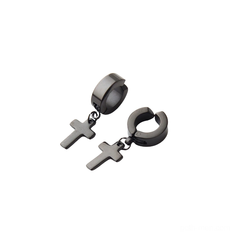 Mini black polished stainless steel cross dangle earrings - gothic clip-on no pierced style