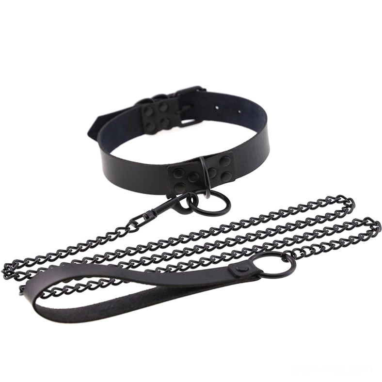 Mini black PU leather gothic choker with narrow design, small O-ring, and leather handle chain leash