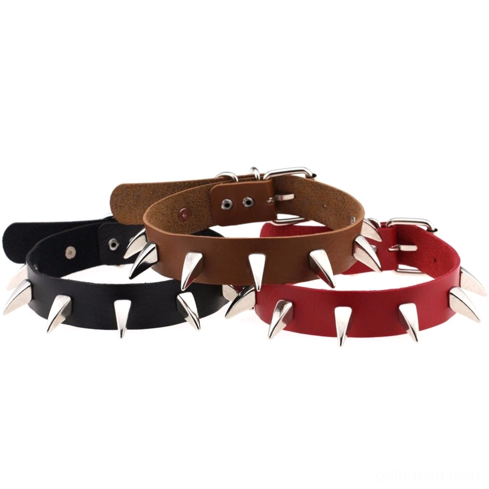 Mini compact spiked leather choker trio in black brown and red gothic style