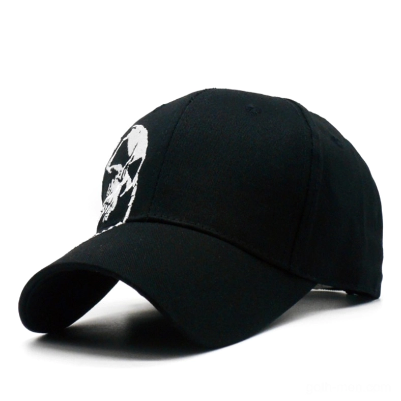 Minimalist black gothic baseball cap with subtle side skull embroidery, dark aesthetic headwear profile