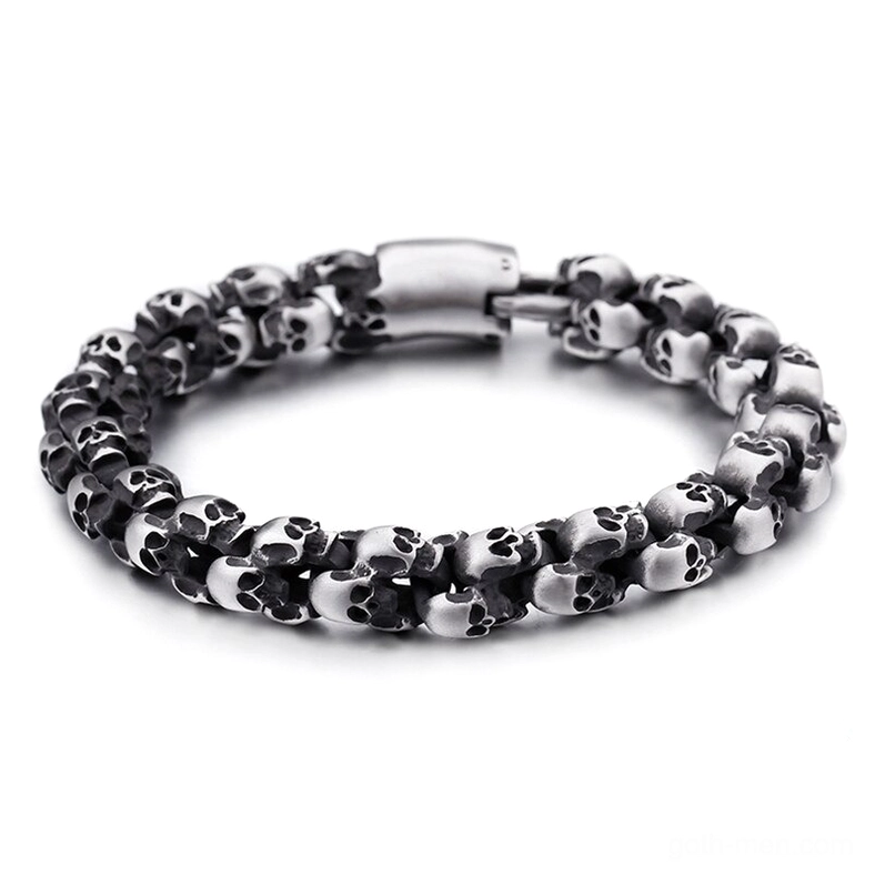 Black silver mixed finish gothic skull bracelet with polished clasp and intricate skull link design
