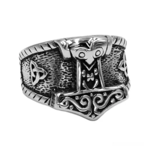 Mjolnir Celtic trinity knot stainless steel ring front view - authentic Norse hammer design with engraved Nordic patterns