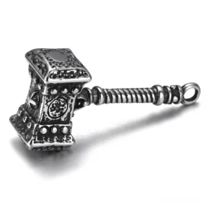 Mjolnir Thor's hammer gothic amulet - front right oblique angle displaying antique silver tone with studded decorative edges on hammer head