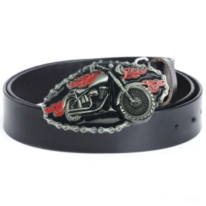 Black leather motorcycle buckle belt with silver metal flame-decorated buckle, side view showing full length and adjustable design