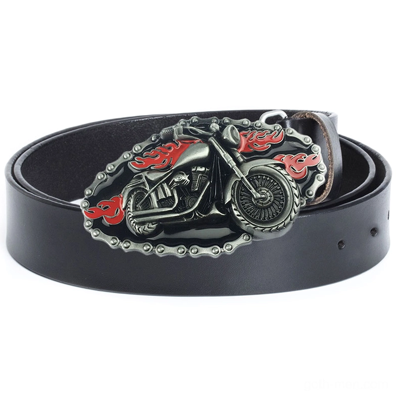 Black leather motorcycle buckle belt with silver metal flame-decorated buckle, side view showing full length and adjustable design