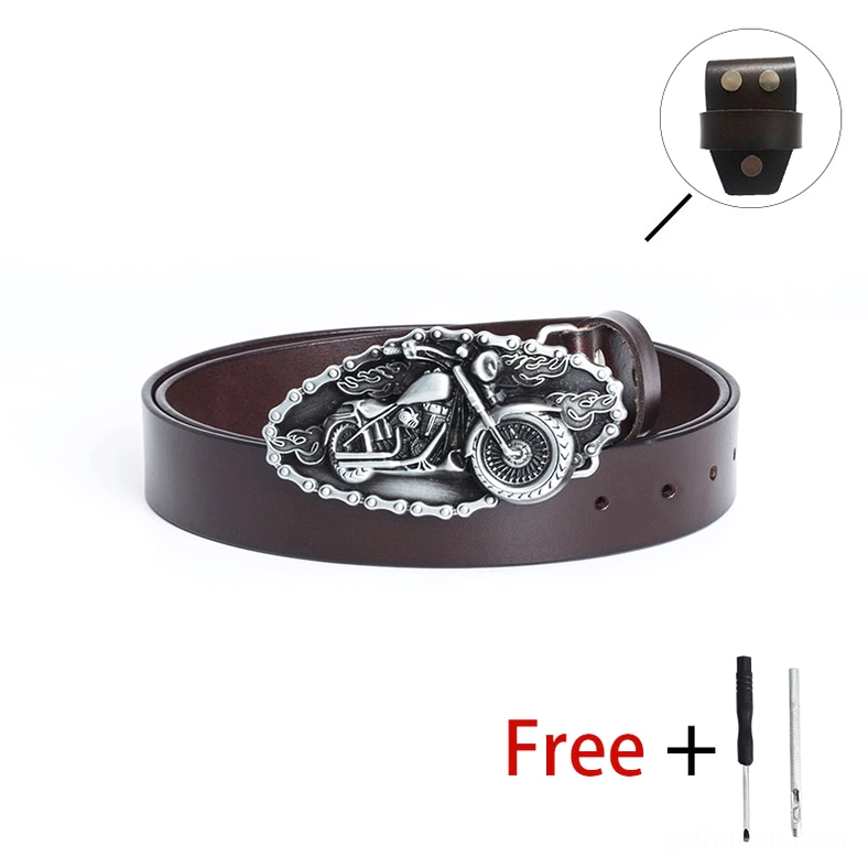 Motorcycle leather belt showing buckle attachment mechanism and adjustable sizing system with metal hardware