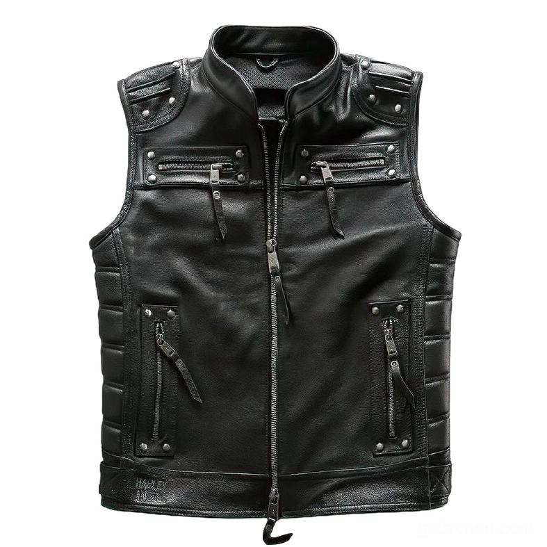 Black genuine leather motorcycle vest flat lay front close-up showing zipper details