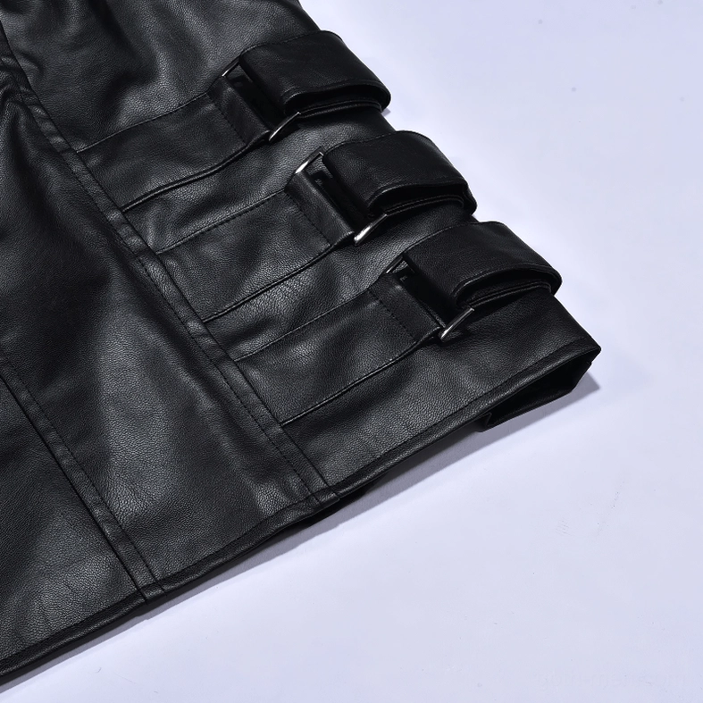Leather vest side adjustable strap with buckle fastener showing heavy-duty stitching and hardware detail