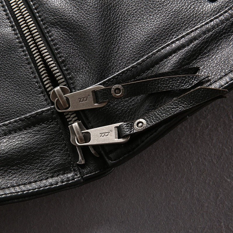 Model demonstrating zipper functionality and pocket placement on genuine leather vest