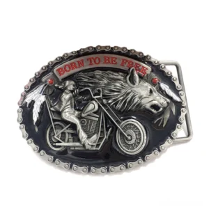 Motorcycle wolf gothic belt buckle front view with Born to Be Free slogan silver metal embossed design