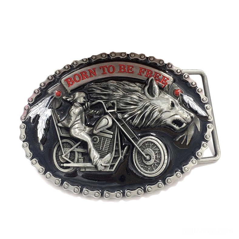 Motorcycle wolf gothic belt buckle front view with Born to Be Free slogan silver metal embossed design
