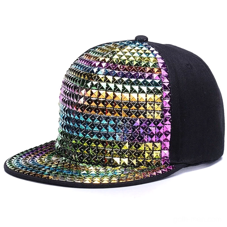 Rainbow gradient multicolor pyramid studded snapback cap with black fabric panels