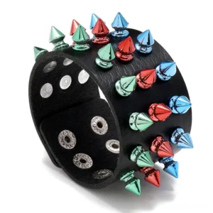Multicolor three-row spike gothic leather cuff bracelet top view with red blue and green metal cone spikes on black PU leather