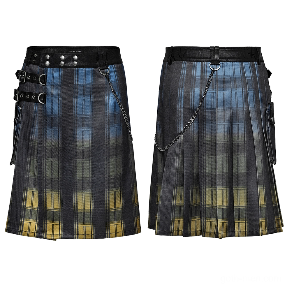 Multicolor tartan gothic utility kilt flat lay front and back metal studded waistband