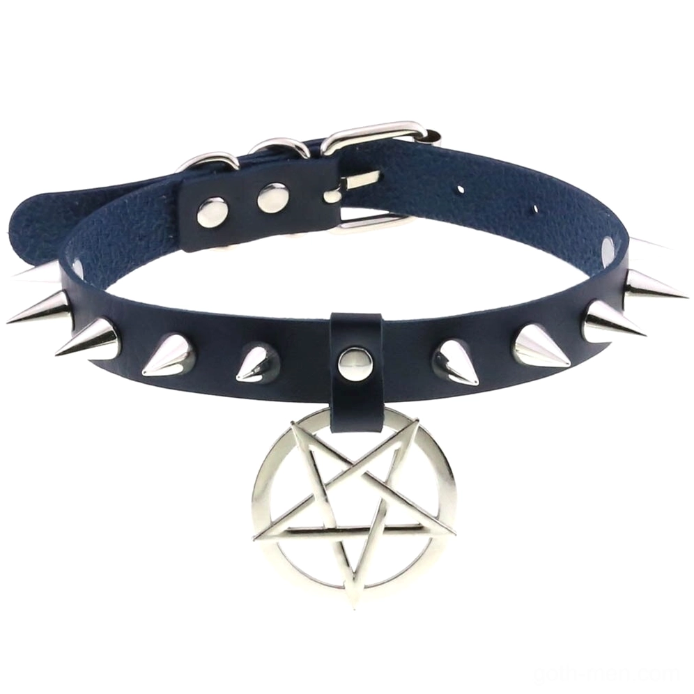 Navy blue spiked leather choker with silver metal pentagram pendant, alternative jewelry