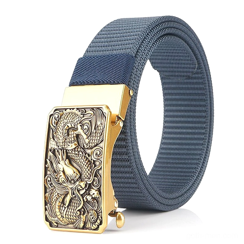 Navy blue gothic military nylon belt with gold dragon embossed buckle smooth webbed texture tactical style
