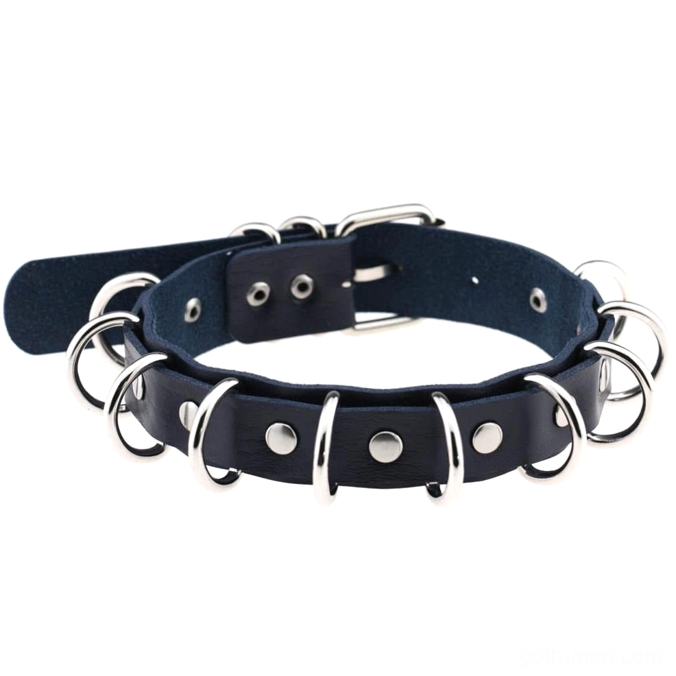 Navy blue faux leather choker with silver metal rings gothic style necklace on white background