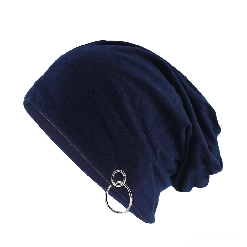 Navy blue gothic beanie with double metal hoops, alternative goth winter accessory