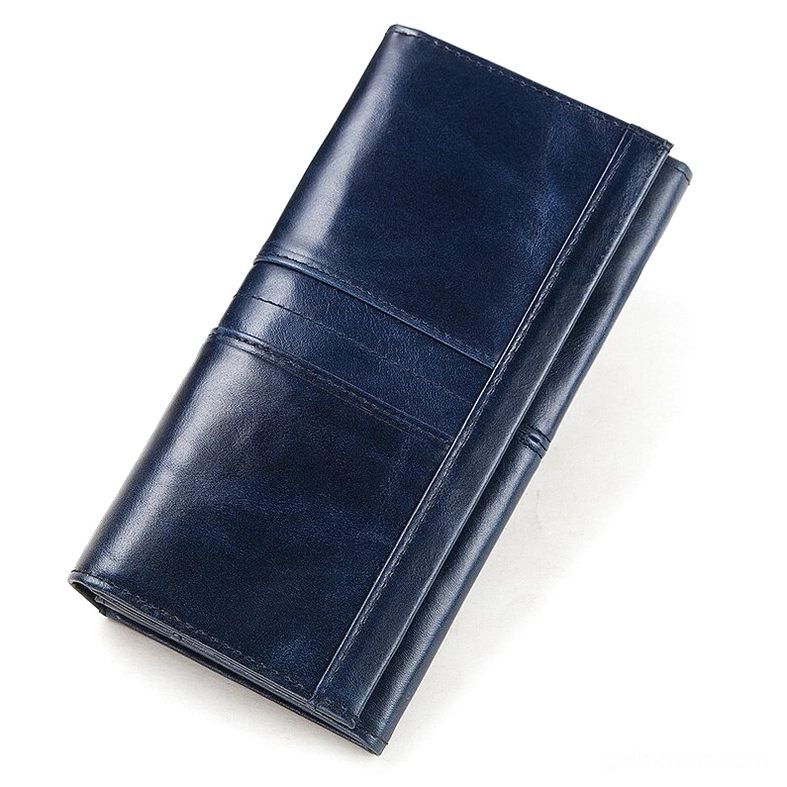 Navy blue glossy leather long wallet clutch with horizontal stripe embellishments, showcasing gothic color option and minimalist design